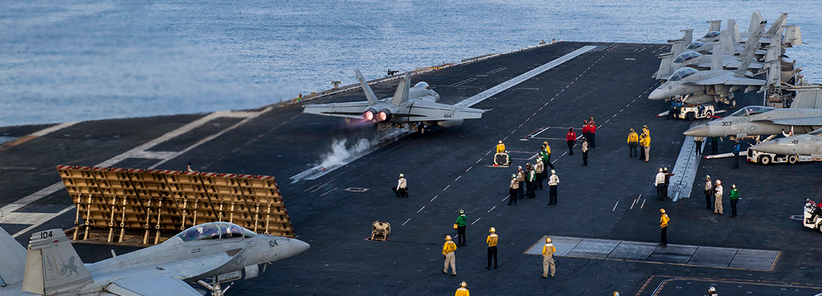 F/A-18E Super Hornet fighter jet launches off the flight deck aboard the aircraft carrier USS Dwight D. Eisenhower (CVN 69) 